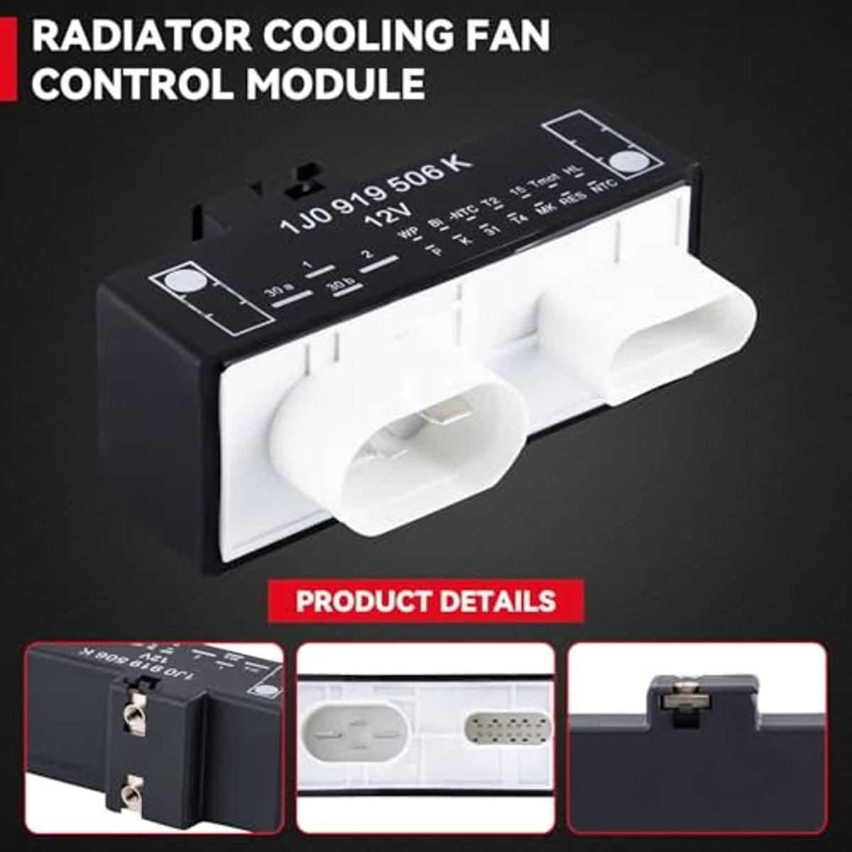 Radiator cooling fan control module with two white connector ports and relay housing