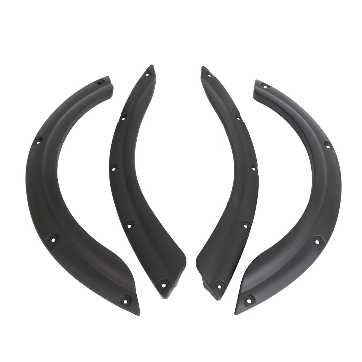 Golf cart fender flare set with curved black plastic pieces, multiple pre-drilled holes