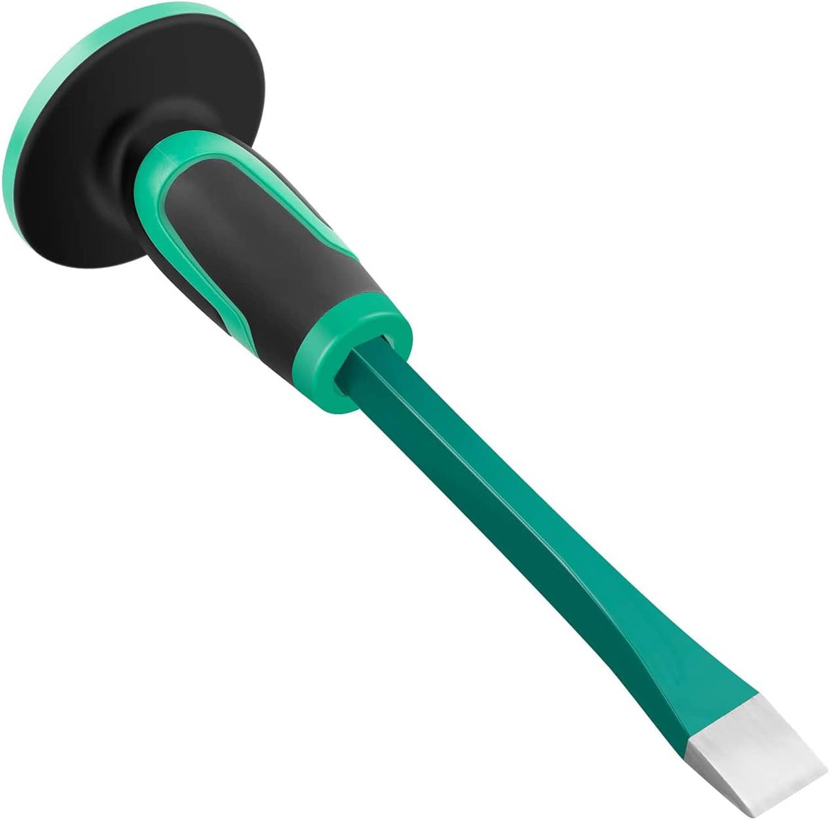 Masonry chisel tool with flat metal end, teal hand guard on black grip