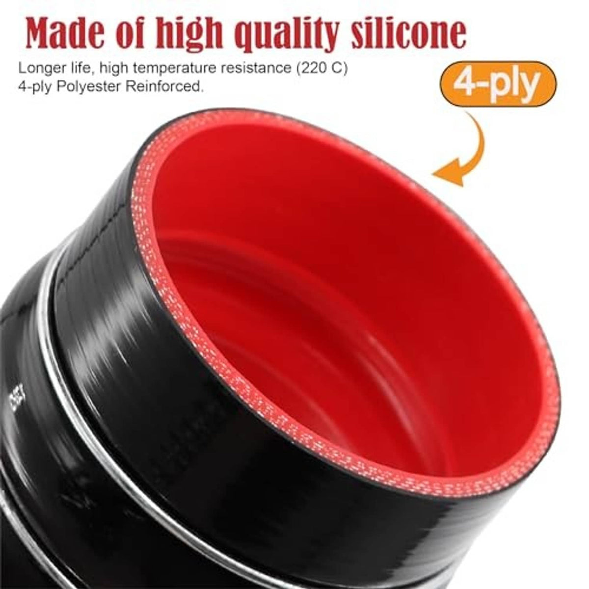 Red-lined black silicone straight coupler hose, 4-ply reinforced construction.