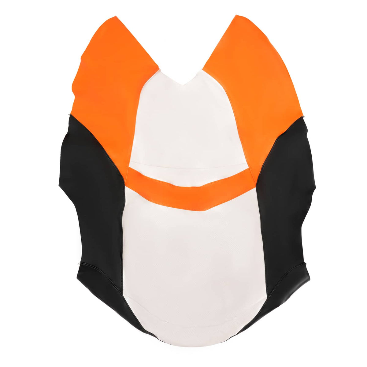 Jet ski seat cover front panel, white center with orange top and black side panels