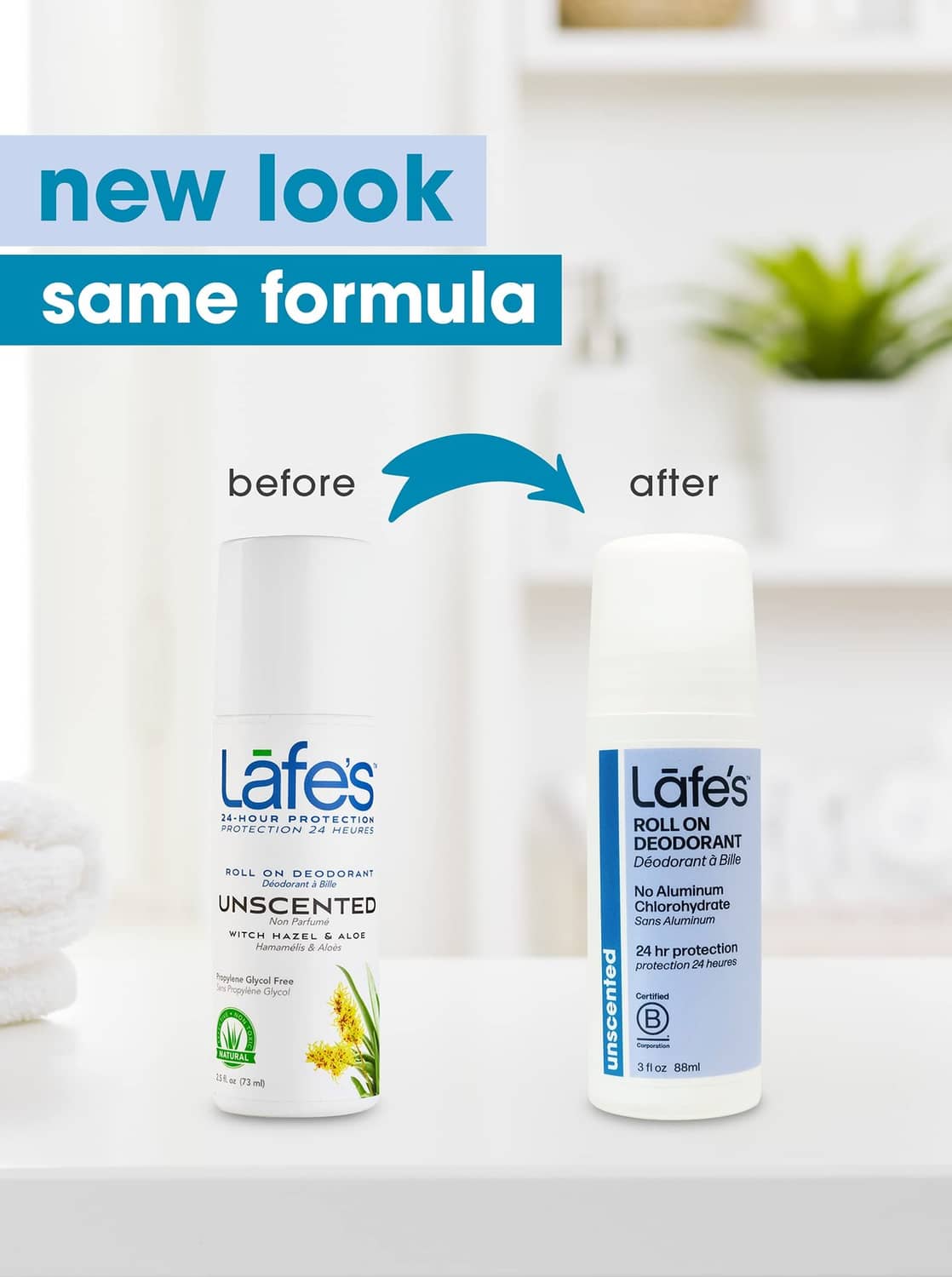 Two Lafe's roll-on deodorant bottles labeled new look same formula, unscented