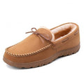 Men's light brown moccasin slippers with faux fur lining and tied bow