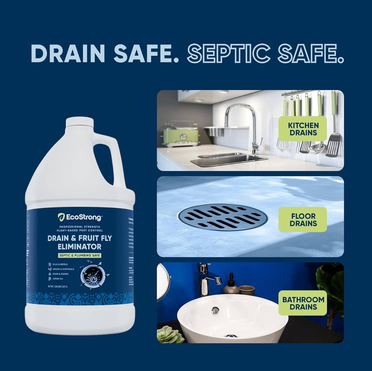 EcoStrong infographic: drain safe, septic safe with bottle and drain images