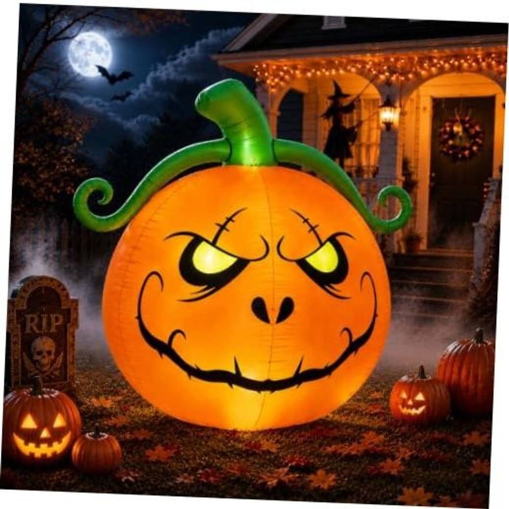 Lighted inflatable jack-o’-lantern pumpkin with green stem and glowing orange face