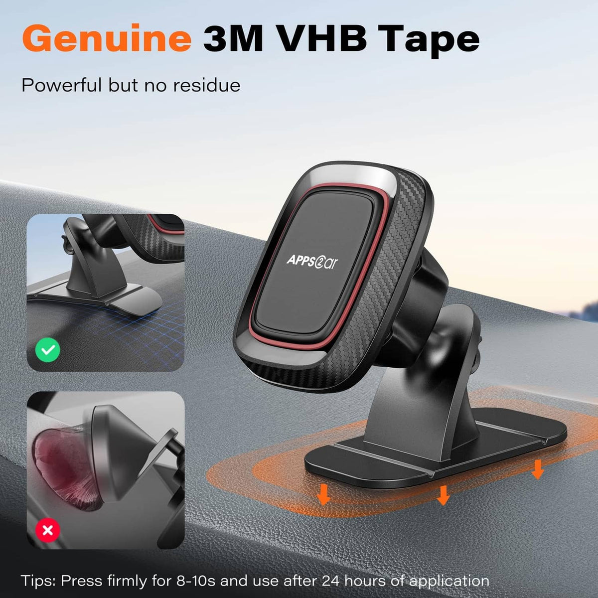 Black dashboard magnetic phone holder with carbon-fiber cover and angled stand