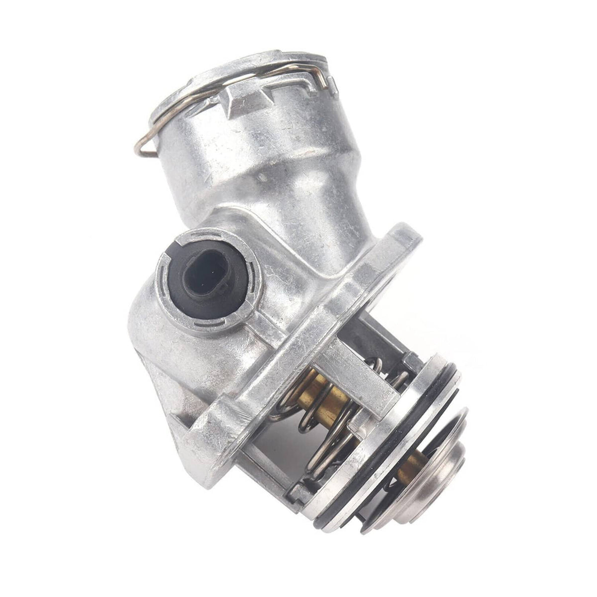 Engine coolant thermostat assembly with sensor, metal housing, ribbed spring housing, black port