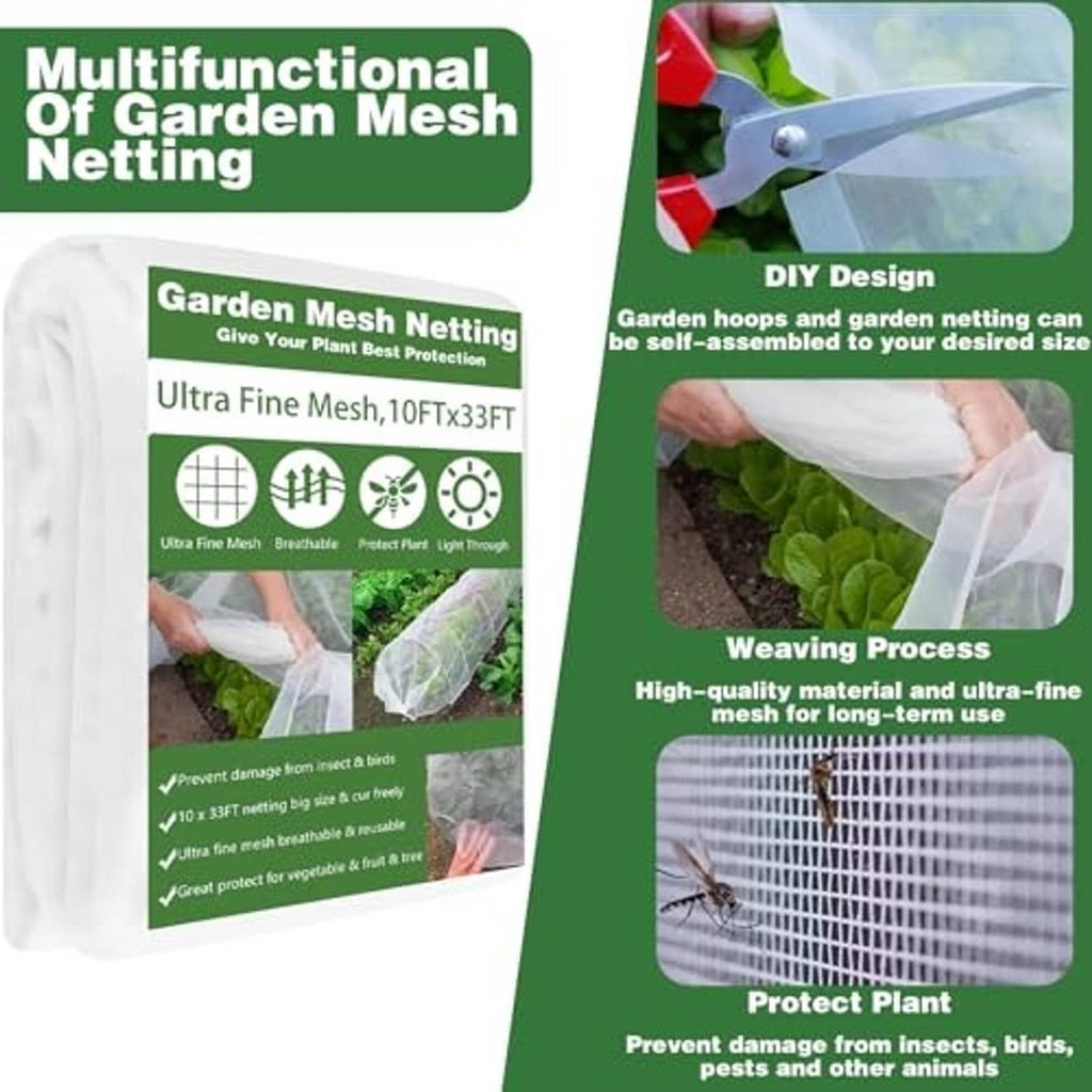 White garden mesh netting being assembled on hoops with clips for plant protection