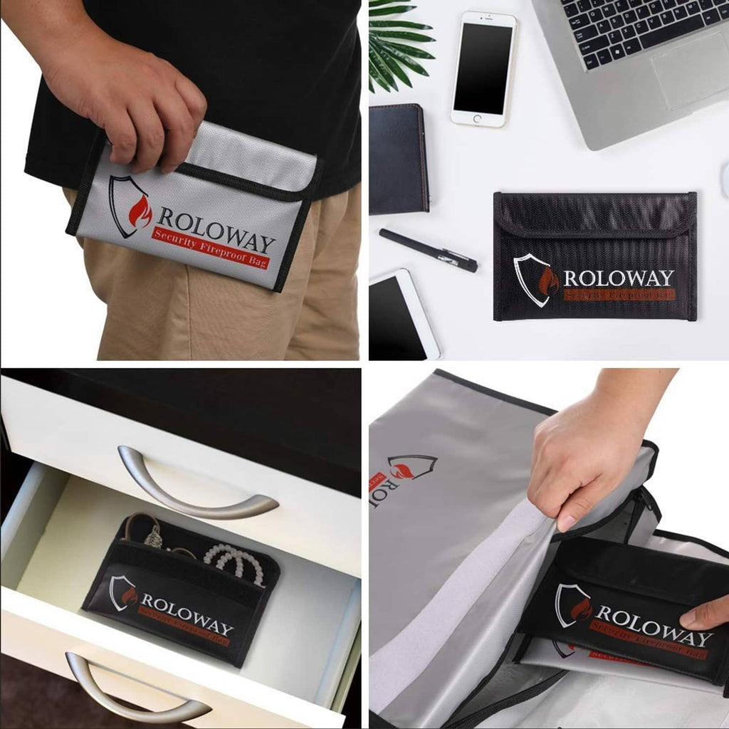 Small fireproof money bag carried by hand, black-and-gray panels with Roloway shield logo.