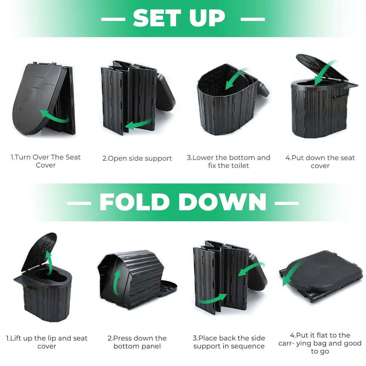 Fold-and-unfold design panels for a black portable camping toilet with lid