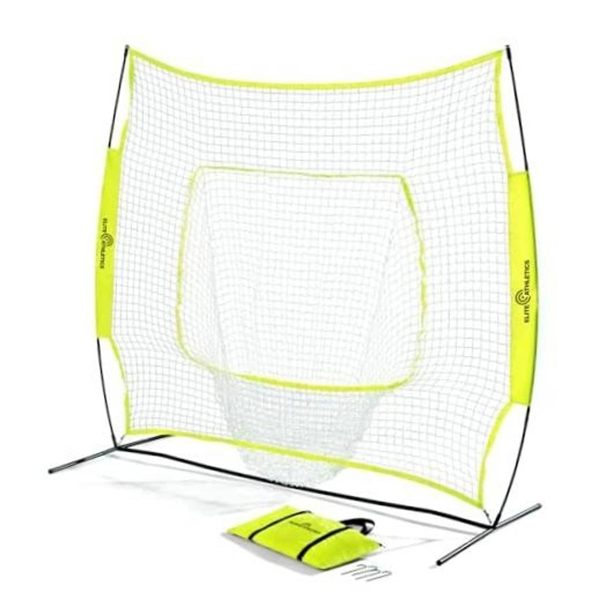 7 ft baseball practice backstop net with bow frame, lime green trim and white mesh