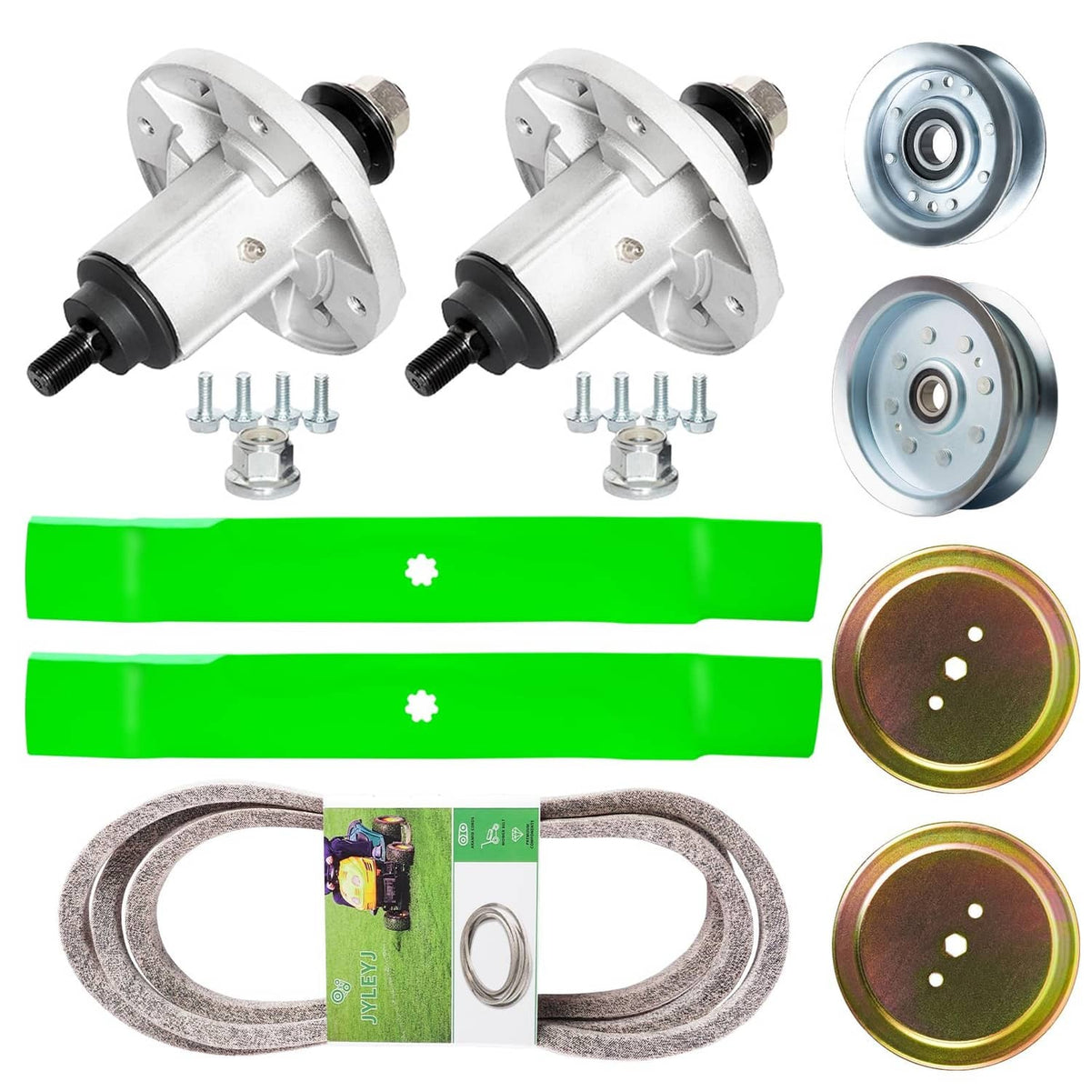 Lawn mower spindle, blade, pulley, idler and belt kit with mounting hardware set