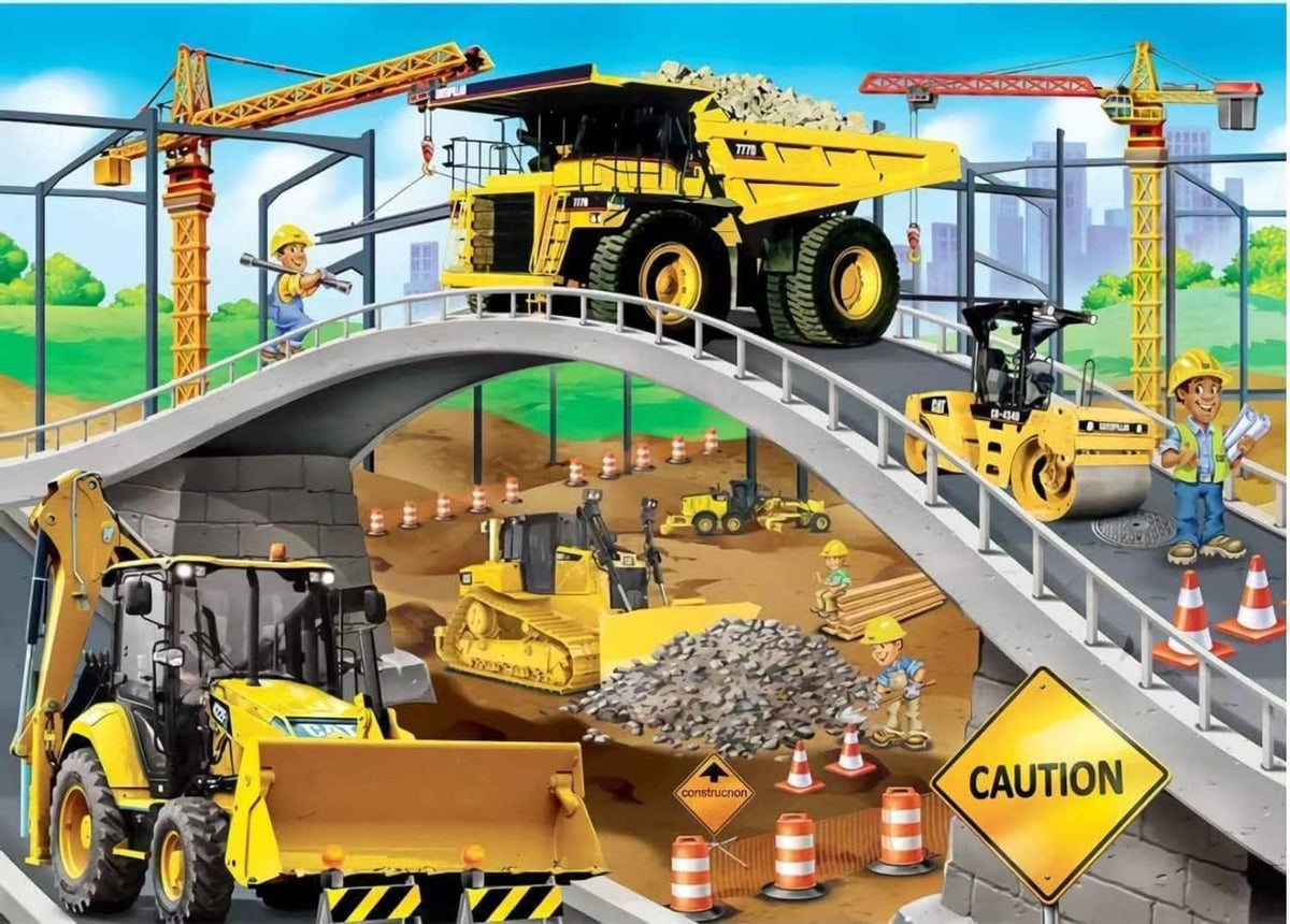 Construction site metal puzzle box with 100-piece vehicle scene for kids