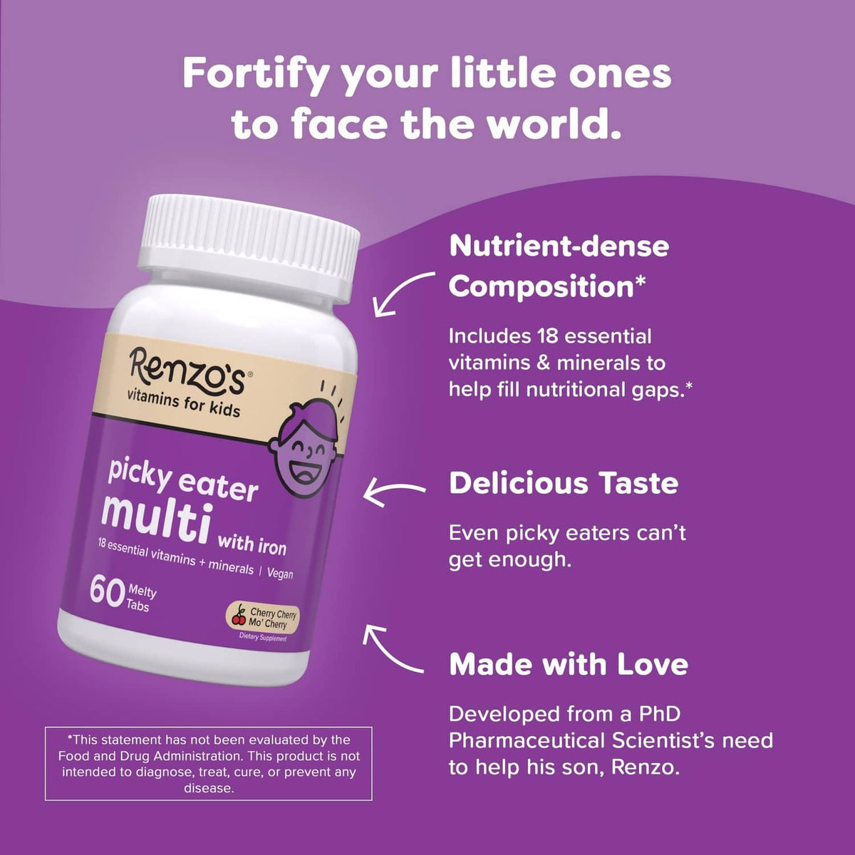 Renzo's picky eater kids multivitamin bottle with nutrient and taste benefit callouts