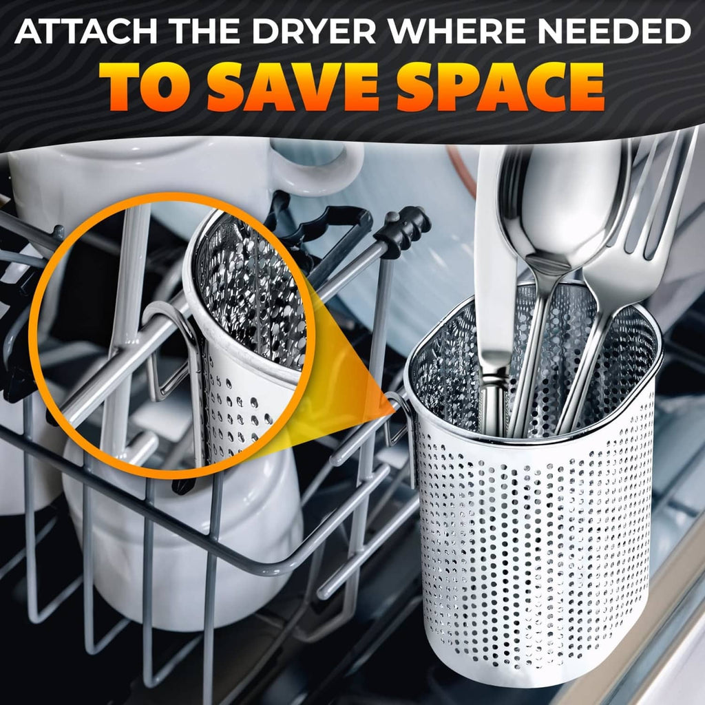 Stainless steel chopstick holder basket with hooks, perforated drain holes, silver