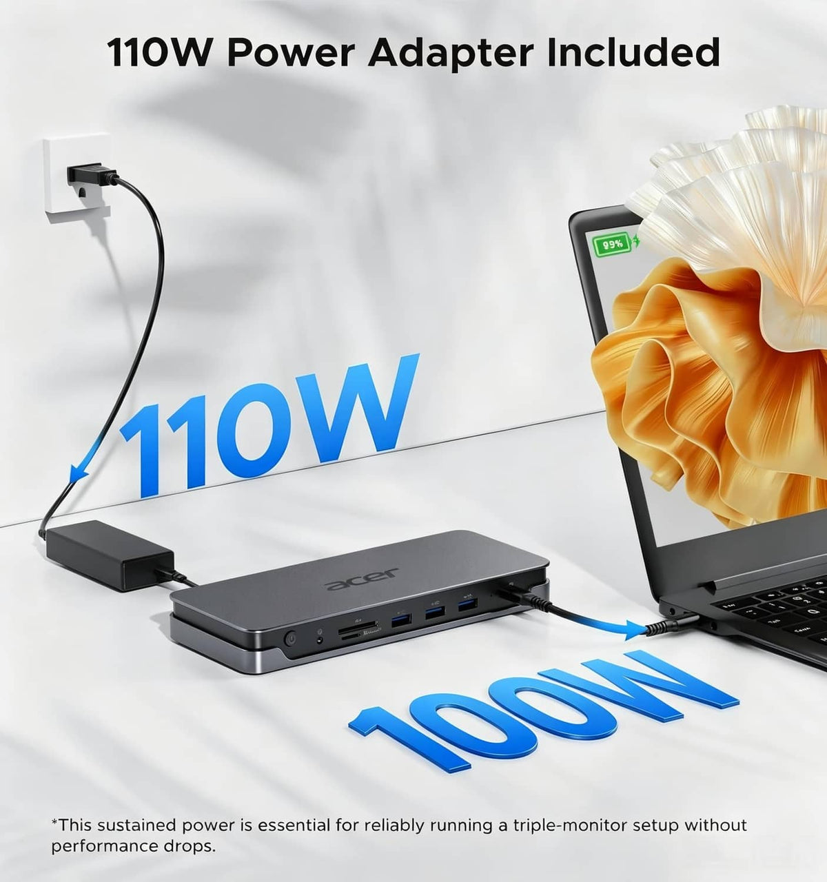Acer USB-C docking station with included 110W power adapter and charging cable