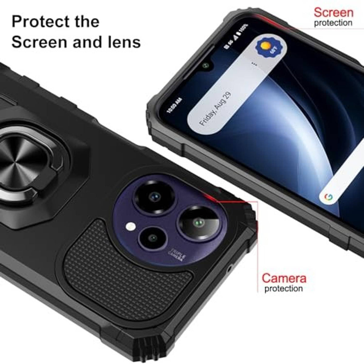 Rugged black phone case with screen and lens protection plus raised ring kickstand