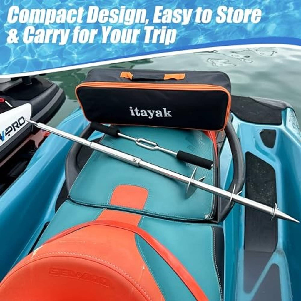 Boat sand anchor kit with stainless anchor pole and black-and-orange carry bag
