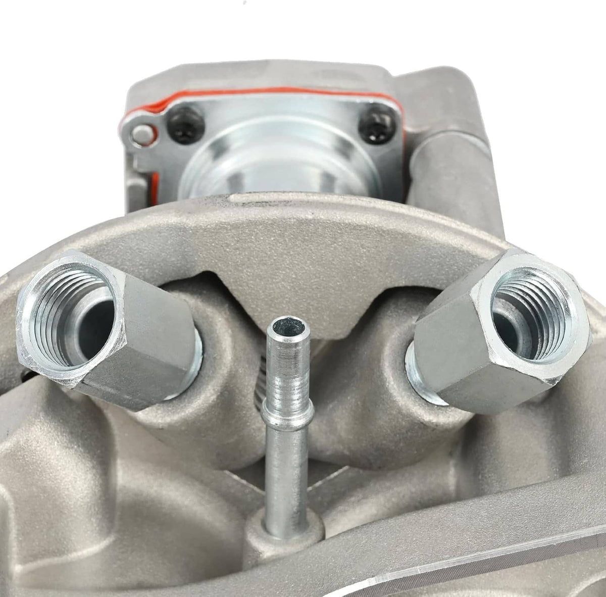 Throttle body intake side view with two inlet studs and vacuum ports, silver metal.