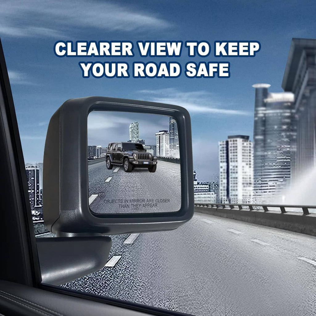 Black heated side mirror with clear reflective view through rectangular glass window