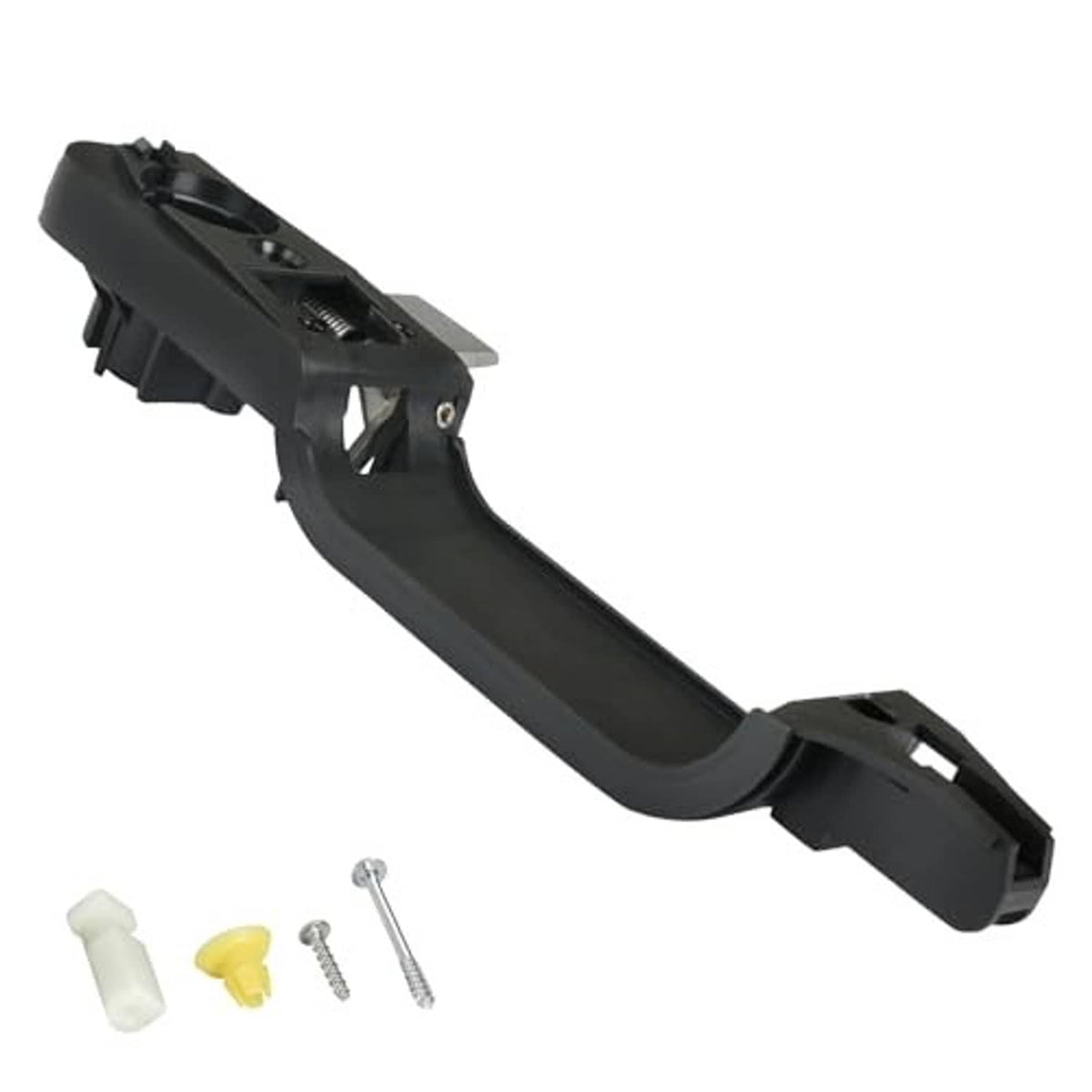 Black exterior door handle reinforcement plate with curved handle grip and mounting base