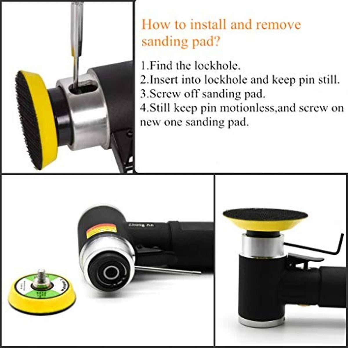 Air orbital sander with yellow 3-inch sanding pad and exposed spindle area