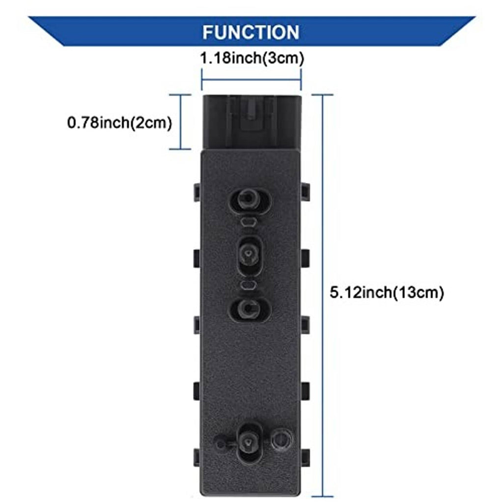 Power recliner seat switch module front panel with button ports and size diagram