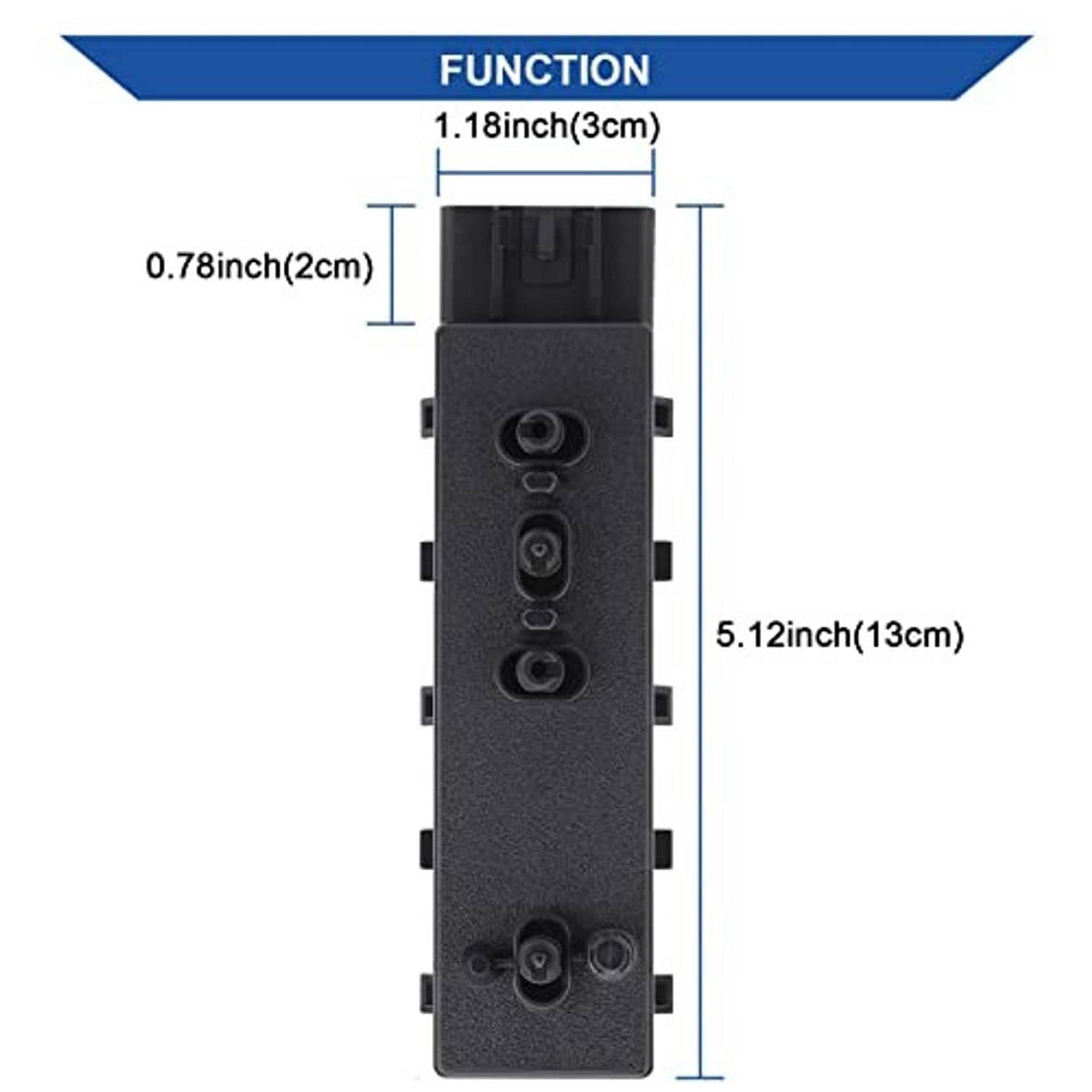 Power recliner seat switch module front panel with button ports and size diagram