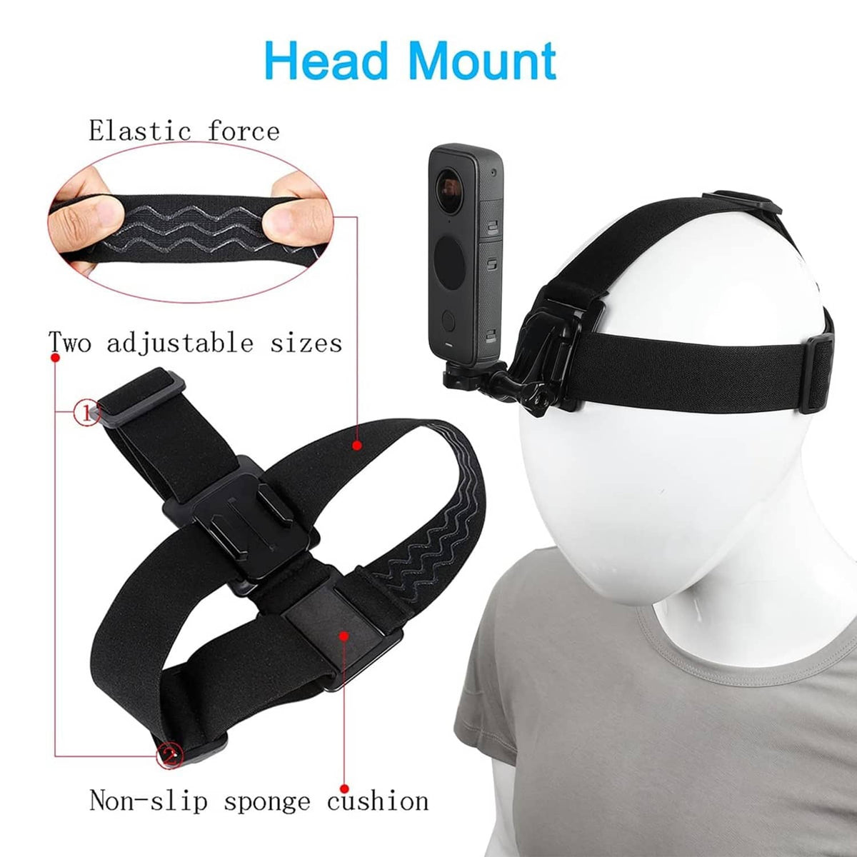 Head mount with adjustable elastic straps and cushioned band