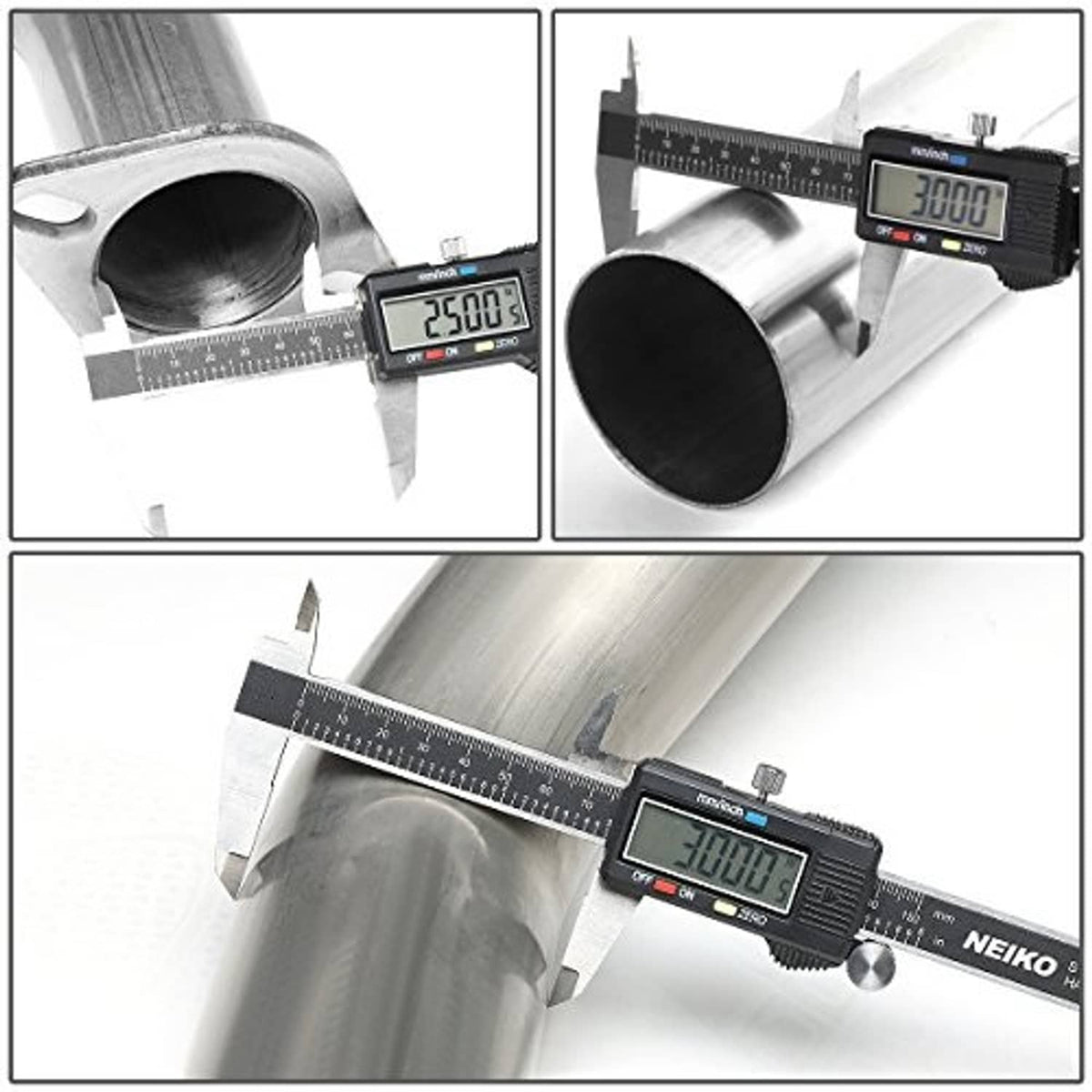 Stainless steel exhaust pipe diameter measured with digital caliper tool