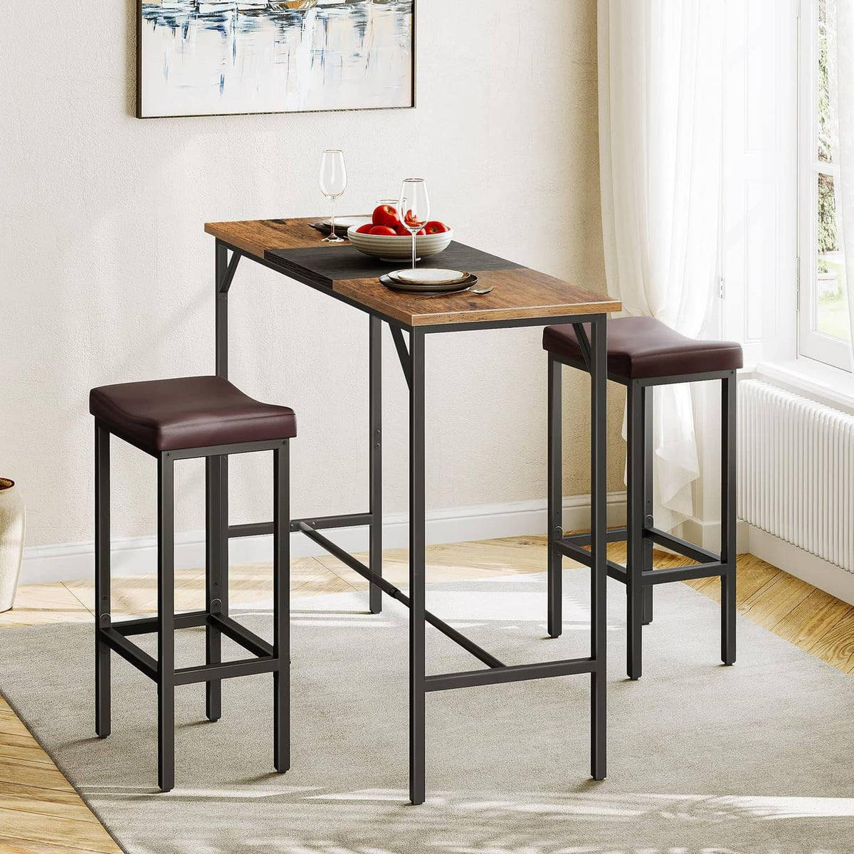 Set of 2 bar stools with dark brown seats and black frames beside a wooden table.