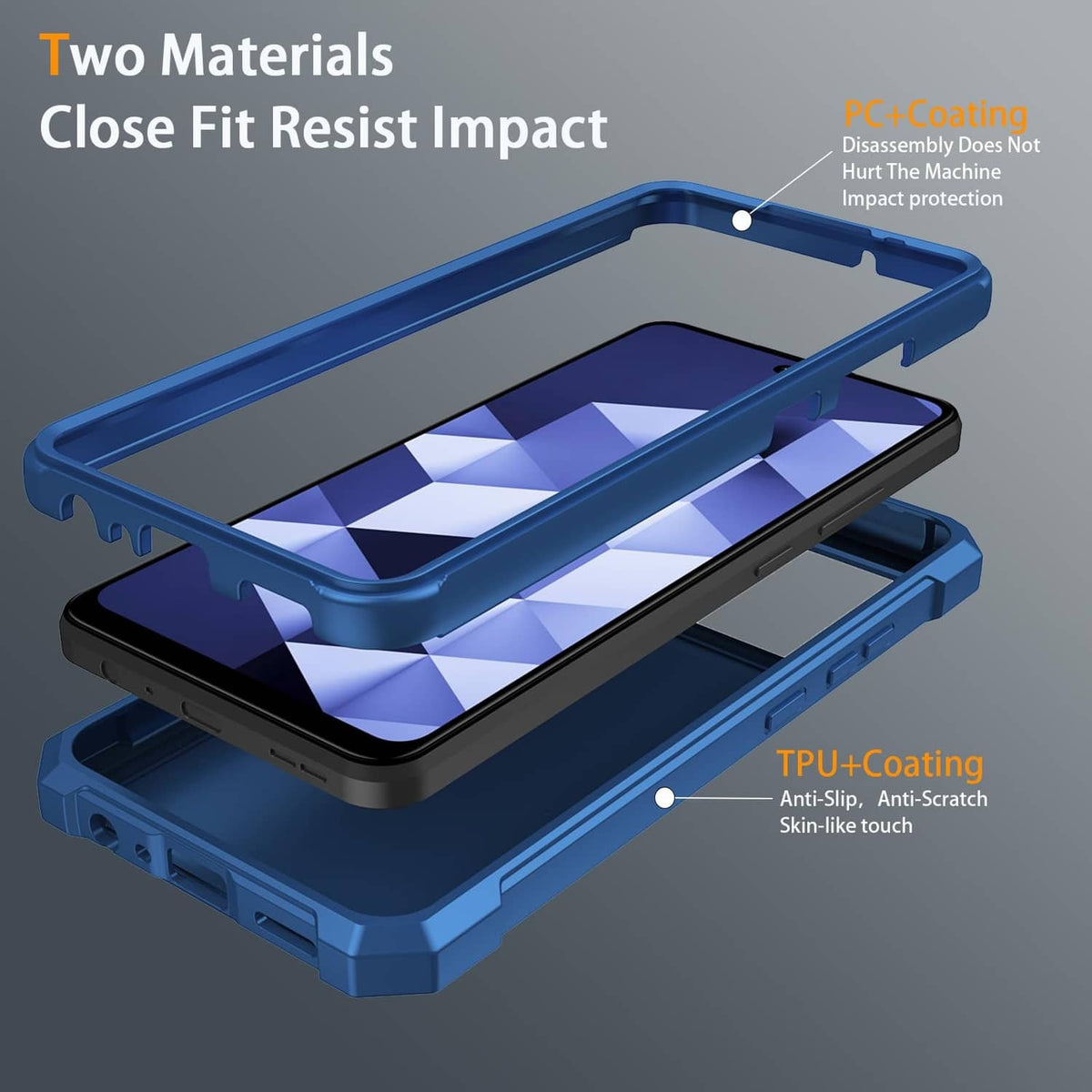 Blue dual-layer rugged phone case with tempered glass screen protector and anti-scratch coating