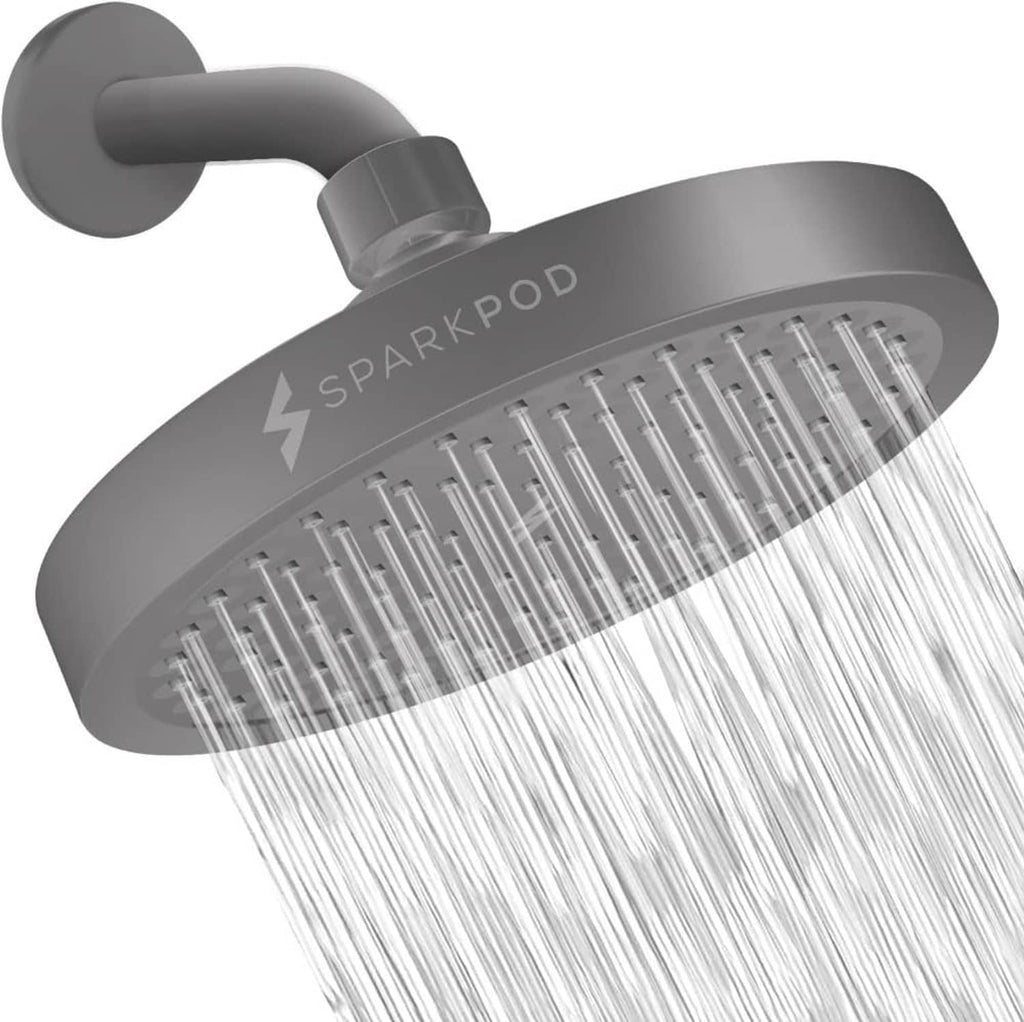 6-inch round charcoal grey rain shower head, wide spray face and shower arm