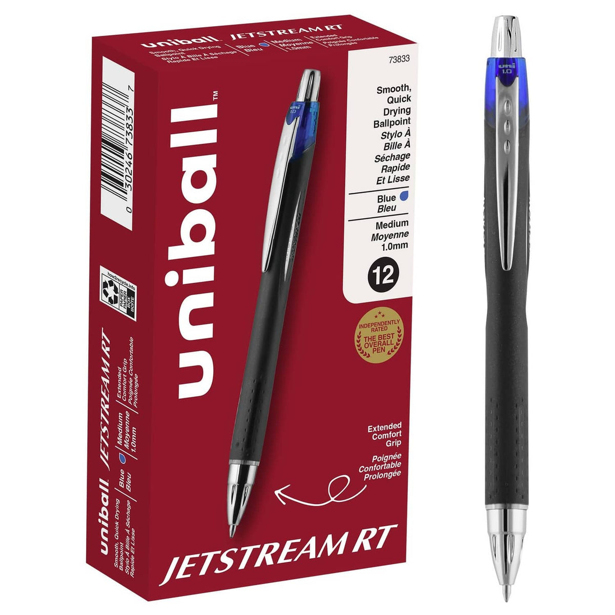 Jetstream RT blue ballpoint pen with silver tip, shown with retail box