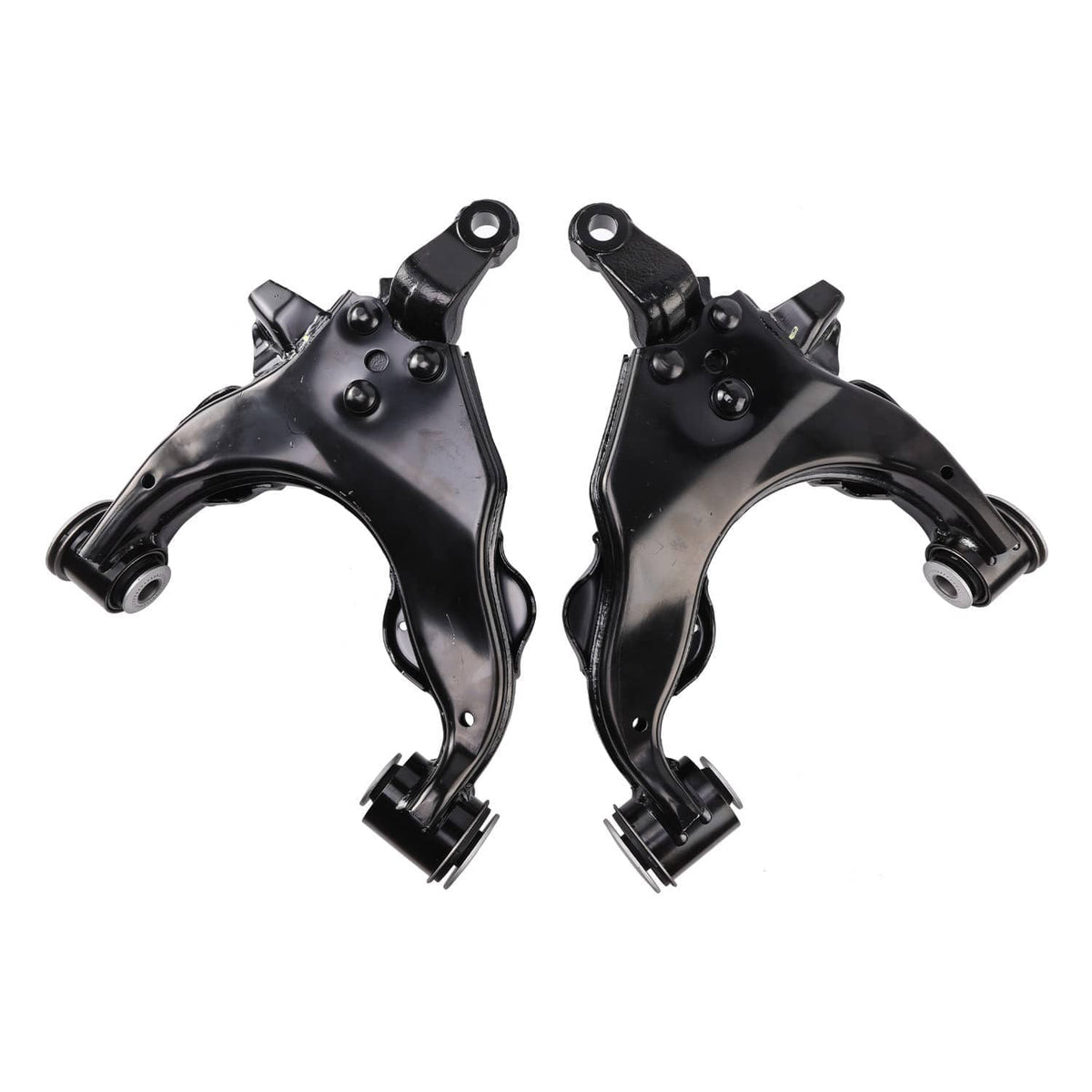 Front lower suspension control arm set, two black stamped arms with ball-joint style ends