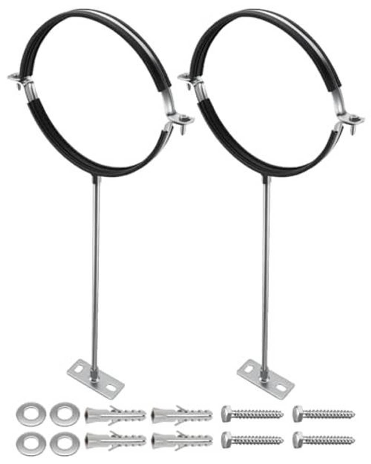 Adjustable 8-inch round gas vent pipe bracket set with black split rings and mounting screws