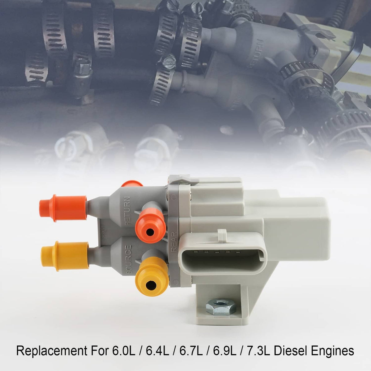 Fuel tank selector valve assembly with gray body and orange, yellow fuel fittings