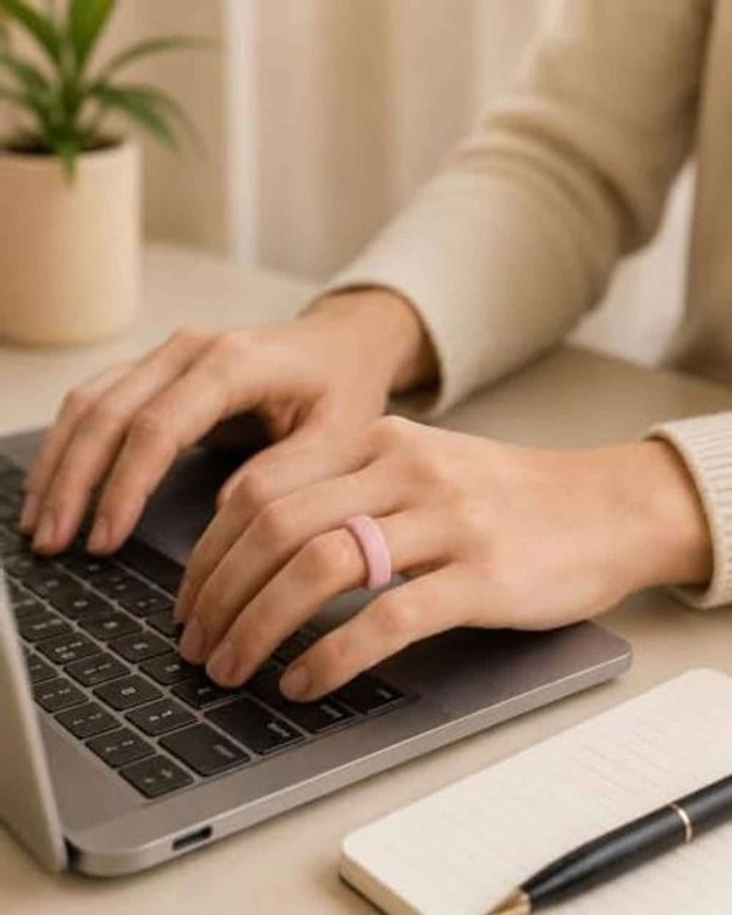 Pink silicone ring cover on finger for protection and secure grip