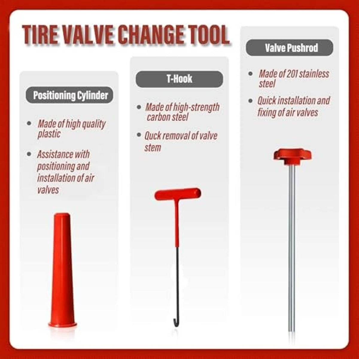 Tire valve change tool diagram with positioning cylinder, T-hook, and pushrod