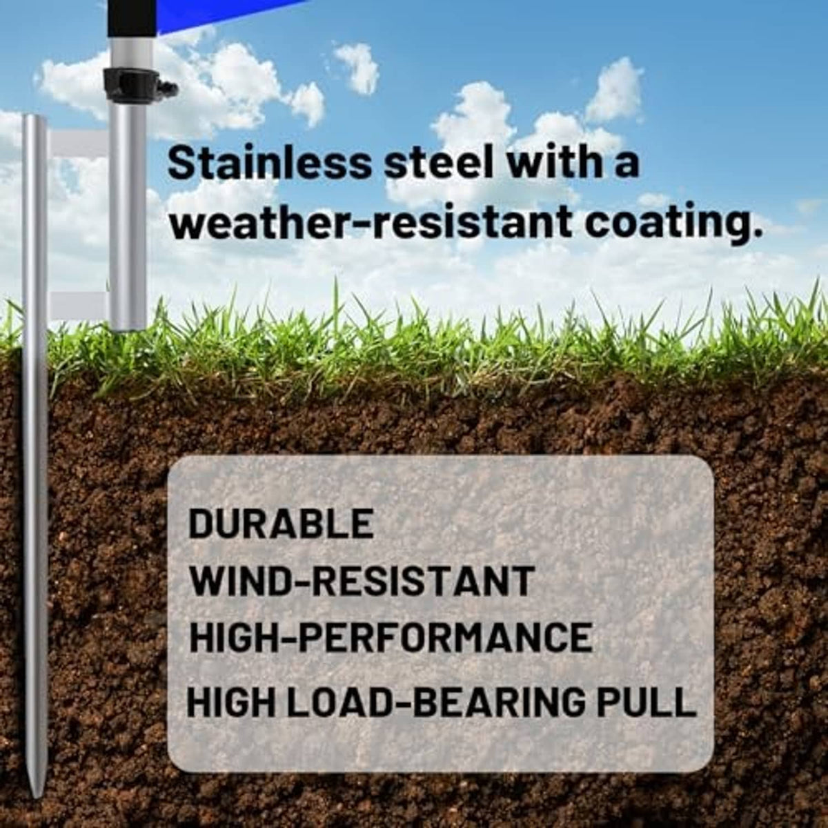 Silver flag pole base inserted in soil with heavy-duty ground stake for outdoor use