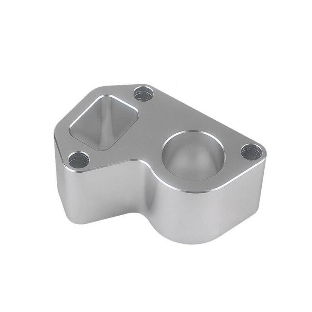 Silver water pump spacer block with circular opening and threaded mounting holes