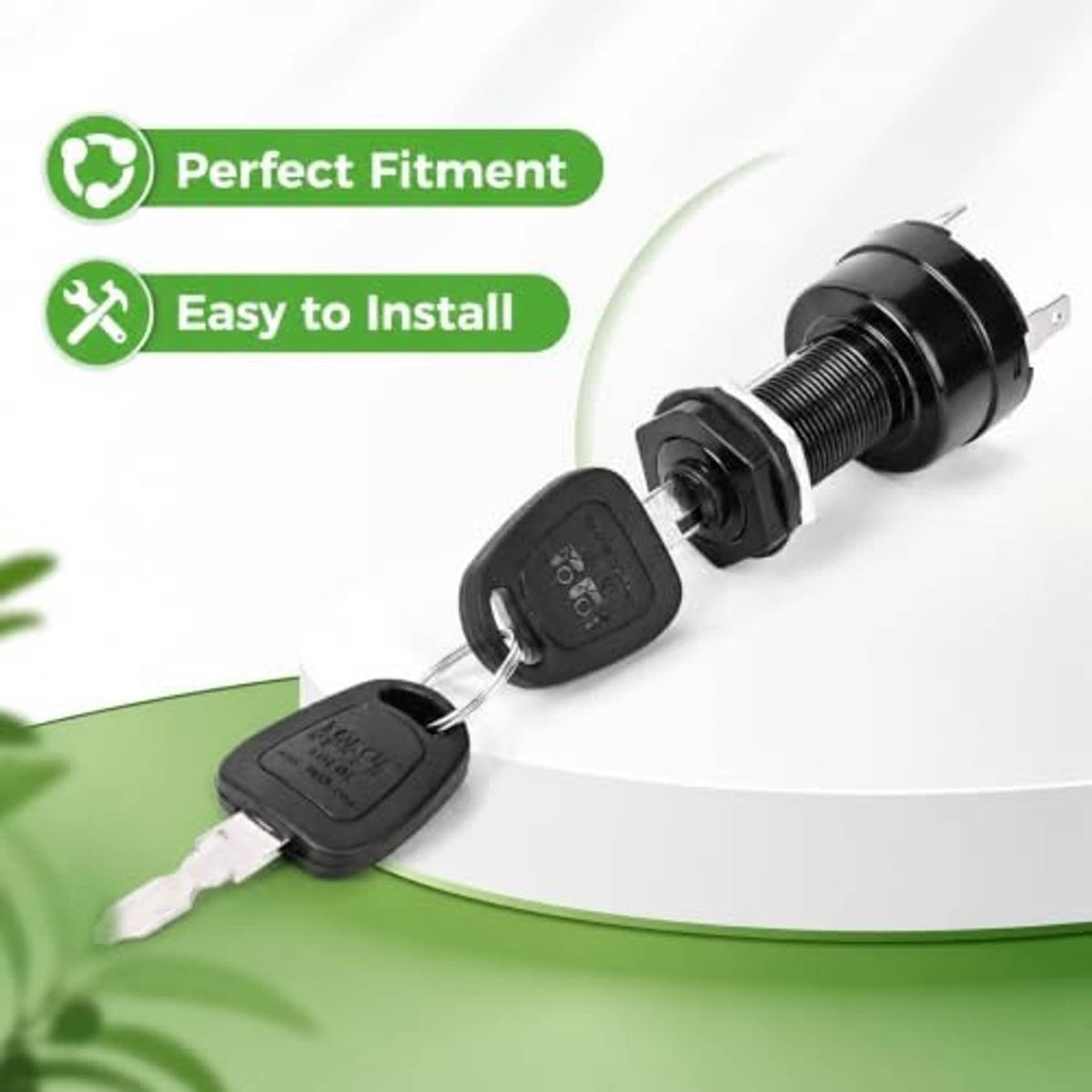 Ignition switch starter with two keys and metal mounting bracket, threaded black body