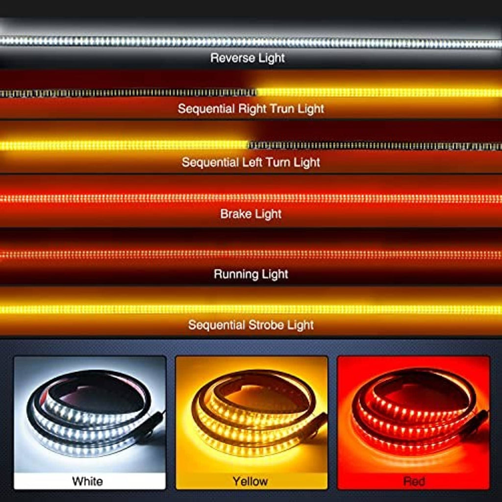 Lit LED tailgate light strip showing reverse, sequential turn, brake, running, and strobe