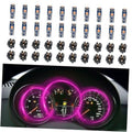 Pack of T5 LED dashboard bulbs with black bases, showing pink/purple glowing instrument cluster