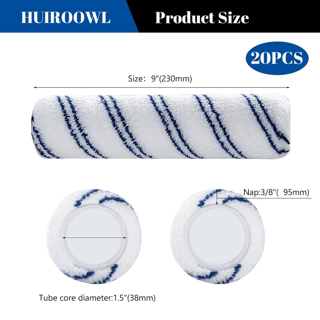 Blue-and-white striped 9-inch microfiber paint roller cover with round ends