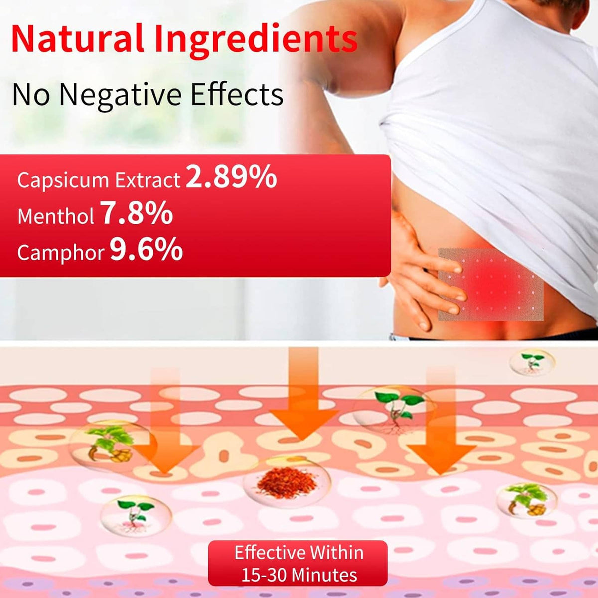 Capsicum hot patch on bare torso under white shirt; beige adhesive square visible