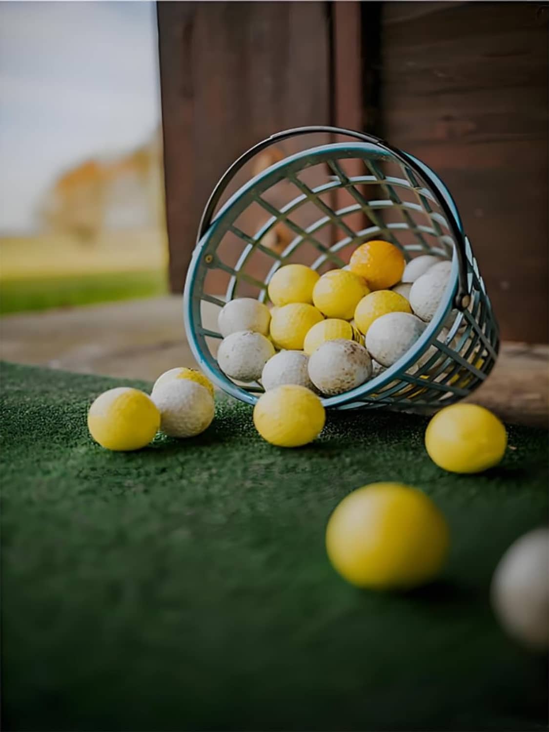 Green mesh golf ball basket filled with yellow and white golf balls on grass