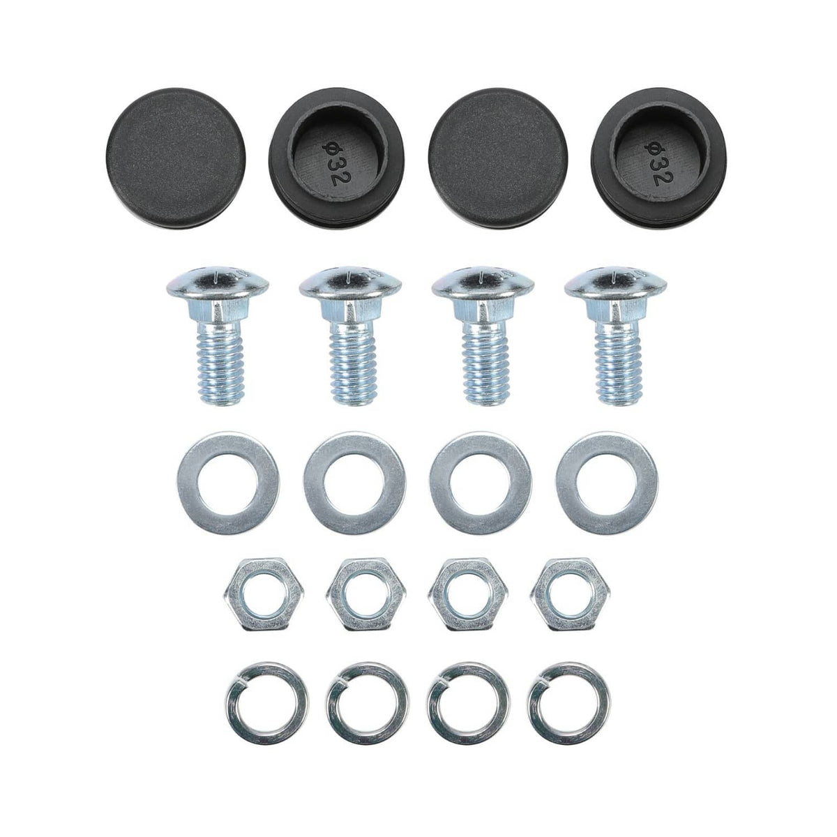 Front bumper hardware set: black caps, bolts, washers, and lock nuts
