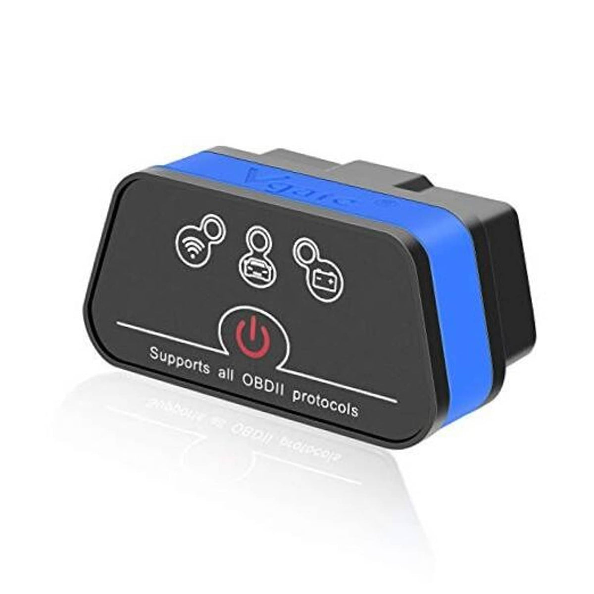 Blue and black OBD2 Wi‑Fi car diagnostic scanner on reflective surface