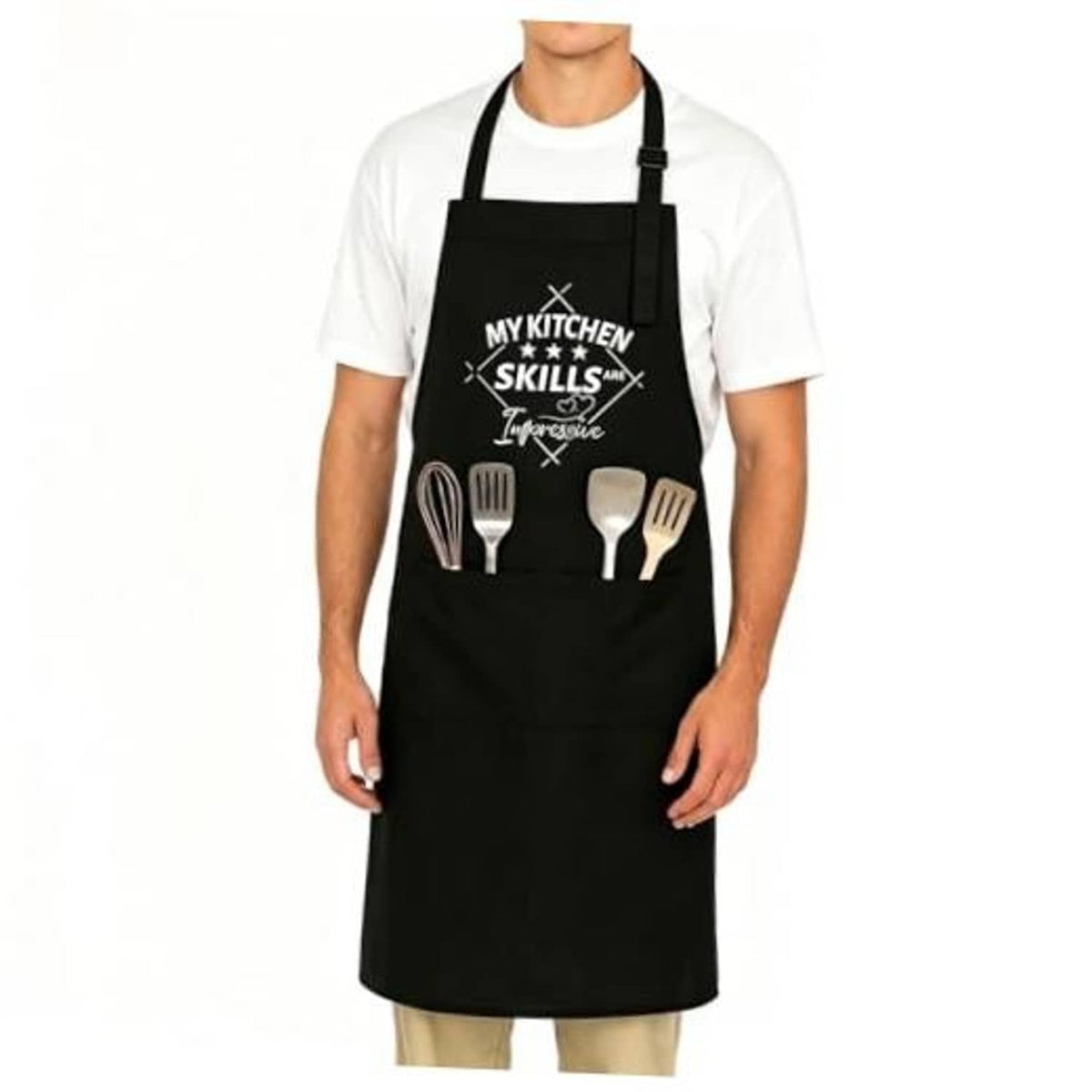 Black adjustable cooking apron with front printed kitchen skills and utensils graphic